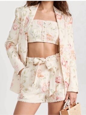 LoveShackFancy Cream Floral High-Waist Shorts